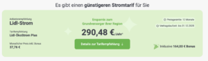 Screenshot eines Stromtarif-Vergleichs mit Preisempfehlung für Lidl-ÖkoStrom Plus und Ersparnis von 290,48 Euro pro Jahr gegenüber dem Grundversorger.