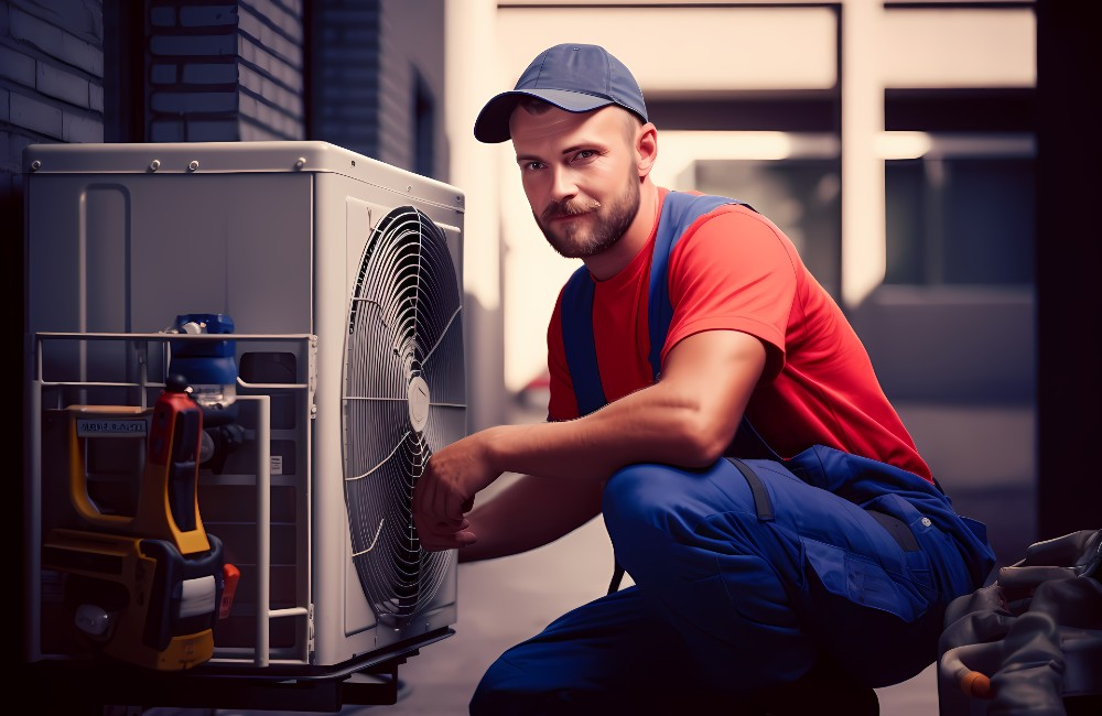 Handwerker in Arbeitskleidung installiert oder wartet eine Außeneinheit einer Wärmepumpe auf einem modernen Gebäudehof.