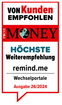 Testsiegel von Focus Money: höchste Weiterempfehlung in der Kategorie Wechselportale.