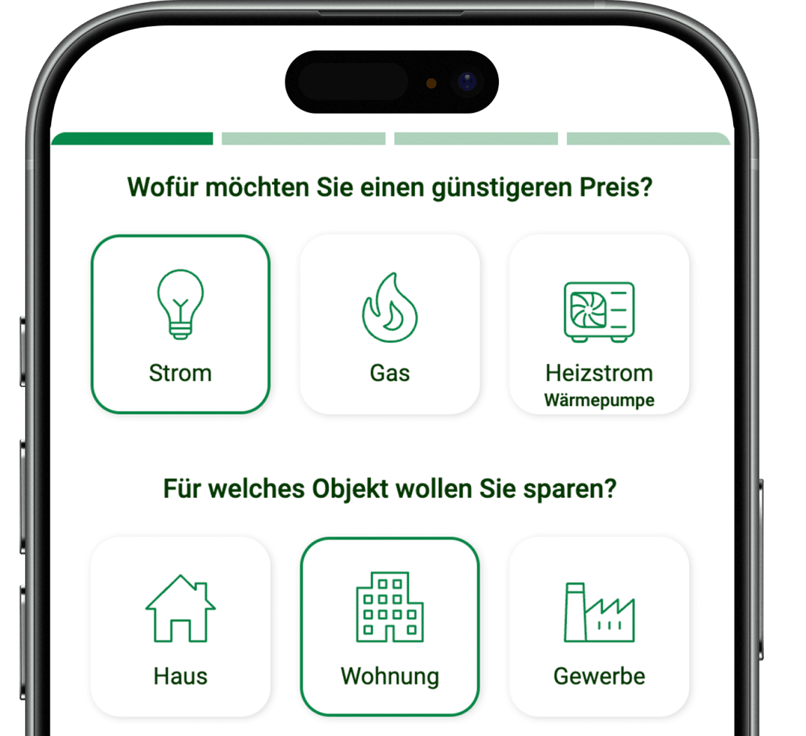 App-Oberfläche zeigt Auswahl für Strom-, Gas- oder Wärmestrompreise und Objekttypen zum Sparen.