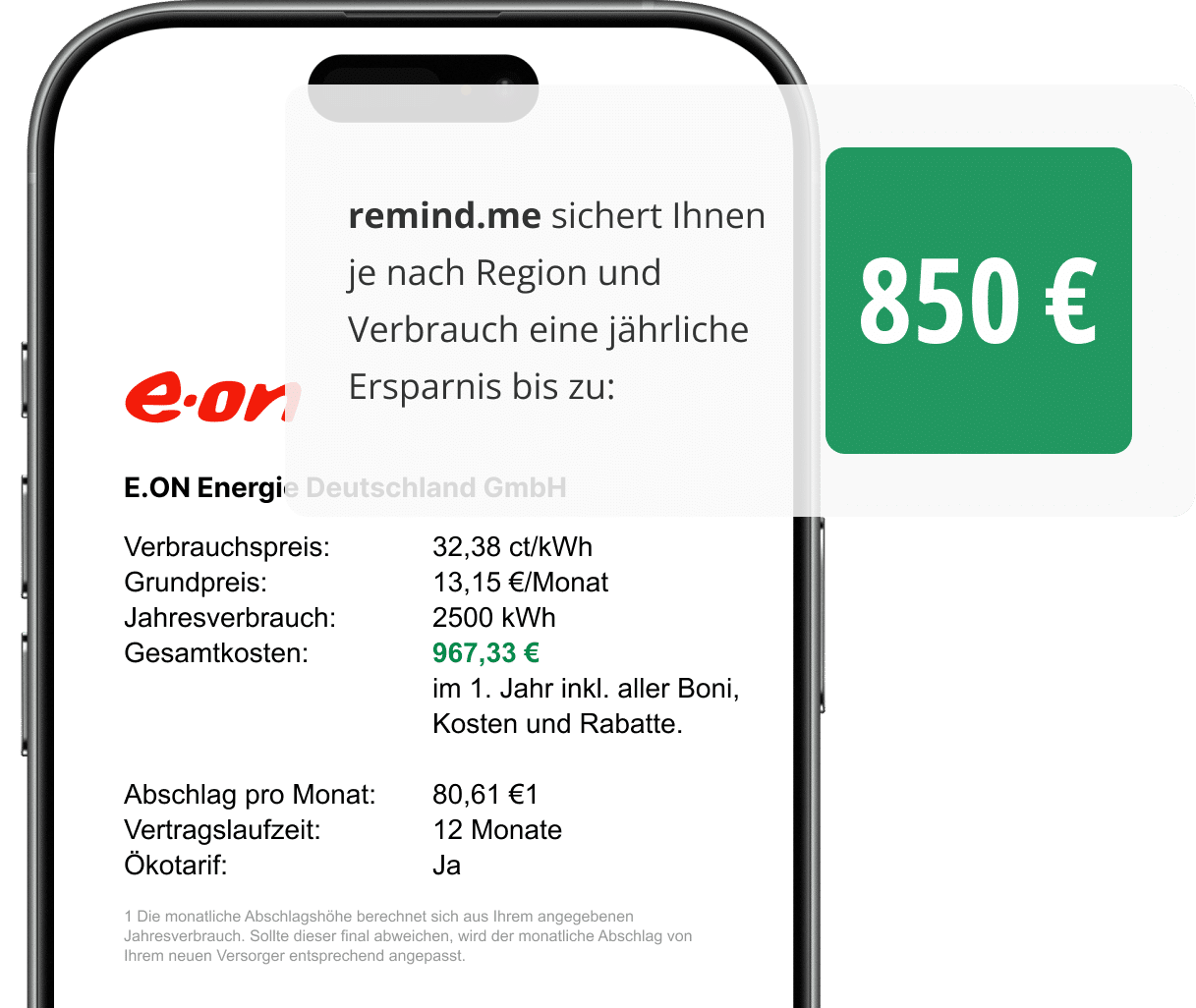 Smartphone zeigt Stromtarif mit bis zu 850 € Ersparnis pro Jahr