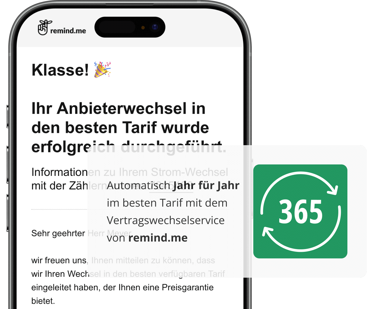 Smartphnone bestätigt erfolgreichen Tarifwechsel mit jährlicher automatischer Optimierung.